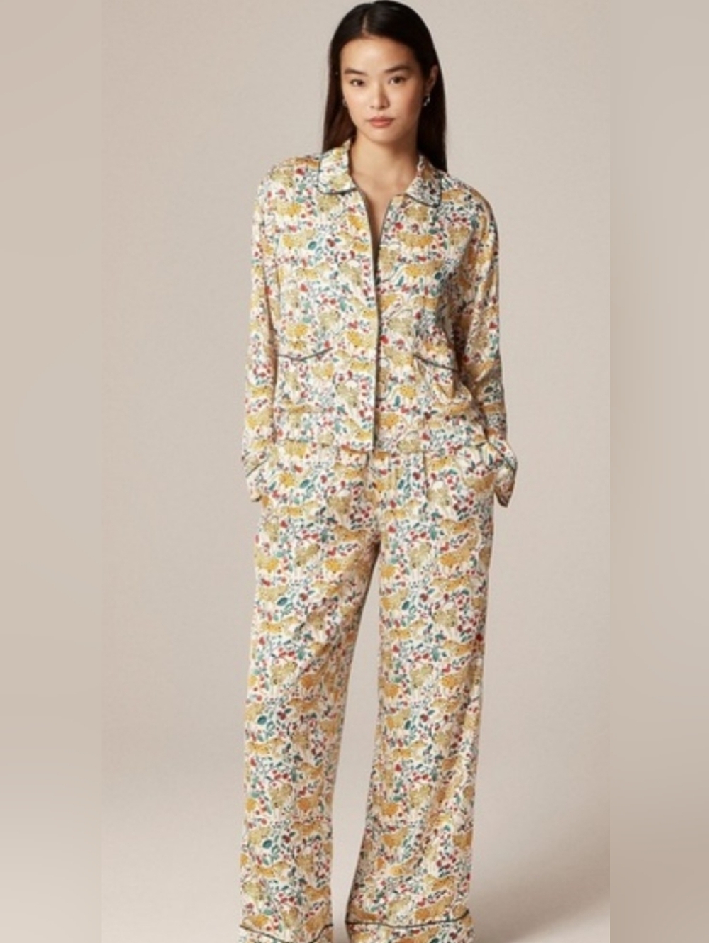 J.Crew Yellow Multi Floral and Leopard Satin Pajama Set
